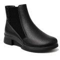 The Alfie & Evie Junior Black Lo Leather Ankle Boot for women features a low block heel, elastic side panel, textured back detail, smooth matte finish, rounded toe, slip-on design, and a comfy memory foam insole.