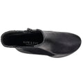 Top view of the Alfie & Evie Junior Black Lo Leather Ankle Boot for women, featuring elastic side panel, zipper detail, and a memory foam insole. Stamped with ALFIE & EVIE MELBOURNE DESIGN., 50883, 50884, 50885, 50886, 50887, 50888, 50889