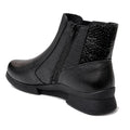 The Alfie & Evie Junior Black Lo Leather Ankle Boot for women features a side zipper, textured heel panel, memory foam insole, and a low chunky sole. Shown against a white background., 50883, 50884, 50885, 50886, 50887, 50888, 50889