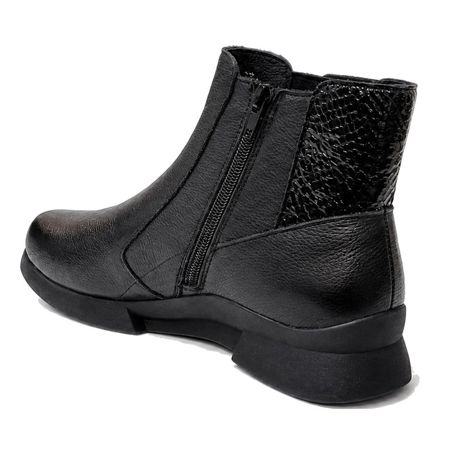 The Alfie & Evie Junior Black Lo Leather Ankle Boot for women features a side zipper, textured heel panel, memory foam insole, and a low chunky sole. Shown against a white background., 50883, 50884, 50885, 50886, 50887, 50888, 50889