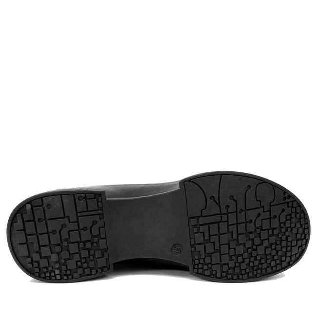 The image shows the bottom view of the Alfie & Evie Junior Black Lo Leather Ankle Boot Womens, featuring a black sole with a textured geometric tread pattern of squares and circuit-like lines that enhance grip., 50883, 50884, 50885, 50886, 50887, 50888, 50889