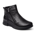 The Alfie & Evie Justice Black Lo Leather Zip Ankle Boot for women features smooth black leather, a side zipper, minimal stitching, a low flat heel, and a removable memory foam insole for comfort. Shown against a white background.