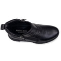 Top view of the Alfie & Evie Justice Black Lo Leather Zip Ankle Boot for women, featuring a side zipper, heel pull tab, slightly pointed toe, and removable memory foam insole for comfort. Insole labeled "ALFIE & EVE MELBOURNE DESIGN., 50890, 50891, 50892, 50893, 50894, 50895, 50896