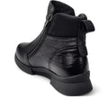 The Alfie & Evie Justice Black Lo Leather Zip Ankle Boot for women features black leather, a side zipper, rear pull tab, chunky angled heel, and removable memory foam insole, shown here from a rear side angle., 50890, 50891, 50892, 50893, 50894, 50895, 50896