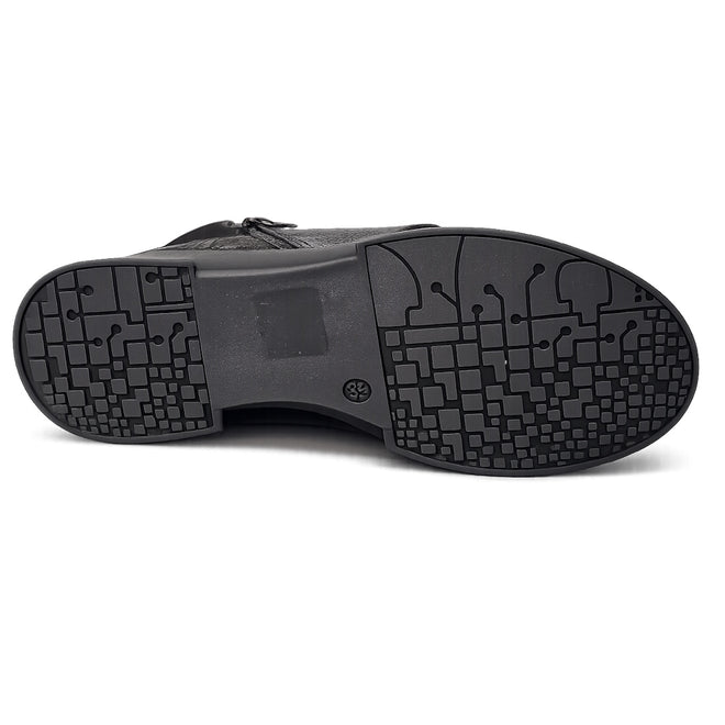 The image displays the sole of the Alfie & Evie Justice Black Lo Leather Zip Ankle Boot for women, featuring a unique geometric and circuit-inspired tread, viewed from below against a white background., 50890, 50891, 50892, 50893, 50894, 50895, 50896