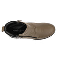Top view of the Alfie & Evie Justice Khaki Lo Leather Zip Ankle Boot for women, featuring a side buckle, black sole, and ALFIE & EVIE branding on the removable memory foam insole., 50897, 50898, 50899, 50900, 50901, 50902, 50903