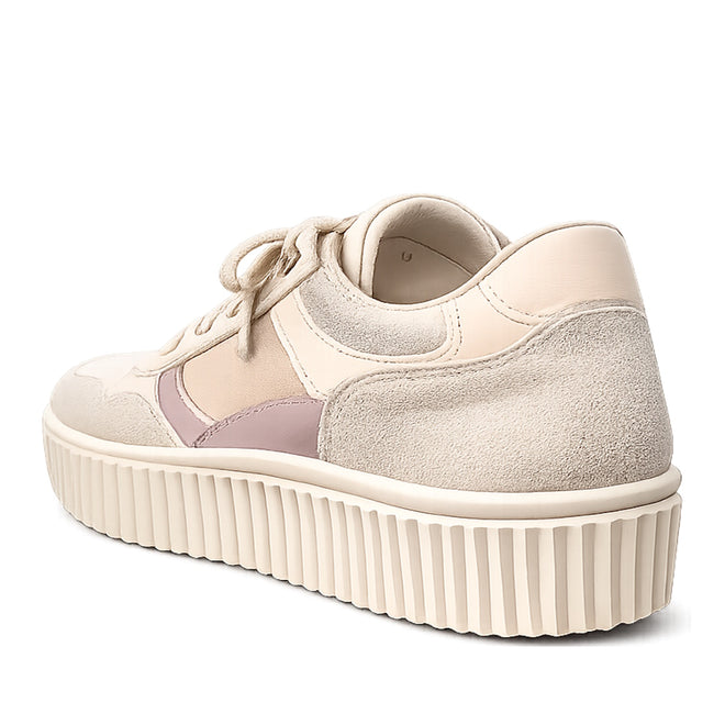 The Alfie & Evie Rambo Womens Leather Sneaker Platform Nude Combo features beige and pink cream leather, suede panels, a lace-up front, memory foam insole, ridged platform sole, and a subtle star detail on the side. Shown from the back left.