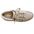 Top view of the Alfie & Evie Rambo Womens Leather Sneaker Platform in Nude Combo, featuring beige suede and leather textures, light tan laces, double zip detail, memory foam insole, and a padded collar on a white background.