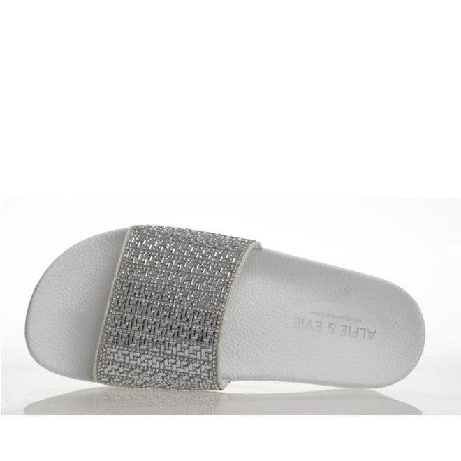 Alfie & Evie Billie White SIiver Diamante Slide - Slight Arch Support NOT RETURNABLE