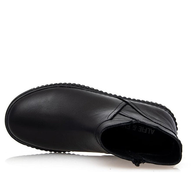 35809,
35810,
35811,
35812,
35813,

35814,
35815,

Alfie & Evie Desmond women's boot in black leather with V-cut side detail and black Elevate Platform Sole. Top Down right foot view