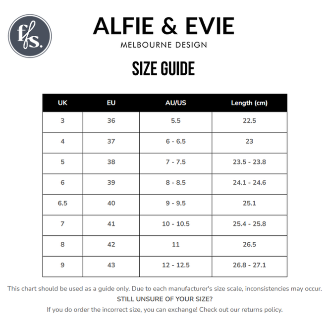 Alfie & Evie Hosting Womens Leather Shoe Platform White/Silver size guide charts UK, EU, AU/US sizes and foot lengths in cm (UK 3-8). Note: sizing may vary; see returns policy for exchanges.