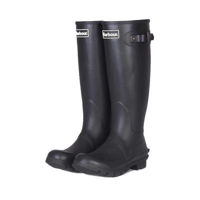 A pair of black Barbour Bede tall wellington boots for women.