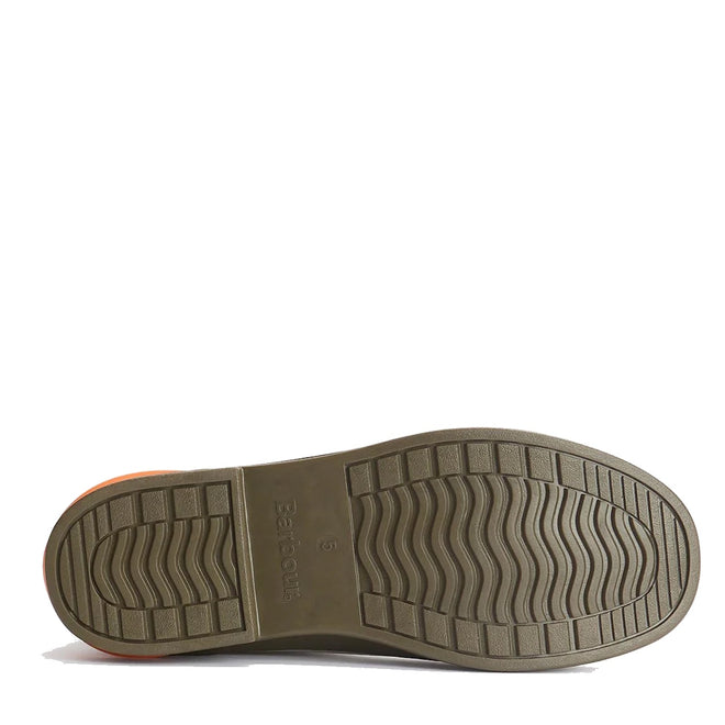 The image shows the sole of Barbour Abbeyfield Packable Ankle Wellingtons Mist, with a textured olive green rubber surface, wavy zigzag tread for grip, and a rectangular "Barbour" brand name plus size “6” imprinted., 51823, 51824, 5063669171196, 5063669171202, 5063669171219, 51828, 51829