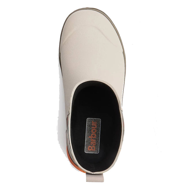 Top view of a single Barbour Abbeyfield Packable Ankle Wellington in Mist, featuring a black interior, visible Barbour logo on the insole, heel pull tab, and subtle orange detail on the back., 51823, 51824, 5063669171196, 5063669171202, 5063669171219, 51828, 51829