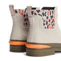 A close-up of the back of two Barbour Abbeyfield Packable Ankle Wellingtons Mist—lightweight ankle boots with multicolored leopard print panels, orange sole accents, and olive green outsoles., 51823, 51824, 5063669171196, 5063669171202, 5063669171219, 51828, 51829