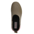 Top view of Barbour Abbeyfield Packable Ankle Wellingtons Olive with pink heel detail, black lining, and Barbour logo on the insole—lightweight and perfect for festivals., 51830, 51831, 5063669171264, 5063669171271, 5063669171288, 51835, 51836