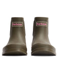 Front view of Barbour Abbeyfield Packable Ankle Wellingtons Olive featuring textured rubber, pink Barbour logo labels, rounded toes, and flat soles. These lightweight ankle wellies are perfect for festivals and easy to pack., 51830, 51831, 5063669171264, 5063669171271, 5063669171288, 51835, 51836