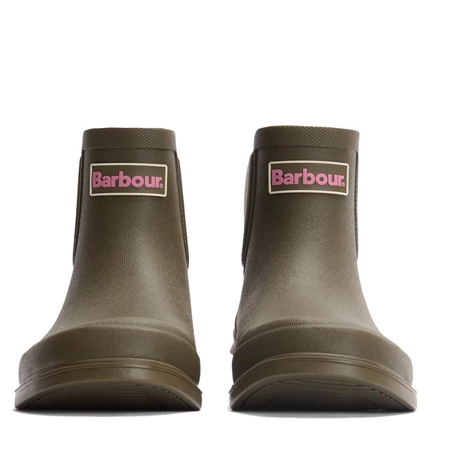 Front view of Barbour Abbeyfield Packable Ankle Wellingtons Olive featuring textured rubber, pink Barbour logo labels, rounded toes, and flat soles. These lightweight ankle wellies are perfect for festivals and easy to pack., 51830, 51831, 5063669171264, 5063669171271, 5063669171288, 51835, 51836