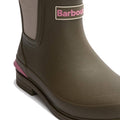 Close-up of Barbour Abbeyfield Packable Ankle Wellingtons in Olive, featuring a front logo and heel accent, ideal as lightweight or festival boots, shown against a plain white background., 51830, 51831, 5063669171264, 5063669171271, 5063669171288, 51835, 51836