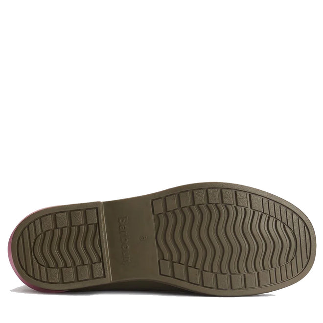 The image shows the sole of Barbour Abbeyfield Packable Ankle Wellingtons Olive, with a textured, non-slip brown tread featuring Barbour branding and a size 6 mark—ideal for lightweight wellies or festival boots., 51830, 51831, 5063669171264, 5063669171271, 5063669171288, 51835, 51836