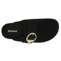 Top view of the Barbour Kyra Women's Closed Toe Clog Sandal in black suede, featuring a soft footbed, elastic strap, gold buckle, and Barbour logo on the insole—perfect slip-on shoes for any occasion.,5063669169339,
5063669169346,
5063669169353,
5063669169360,
5063669169377,, 5063669169339, 5063669169346, 5063669169353, 5063669169360, 5063669169377, 51856