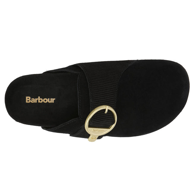 Top view of the Barbour Kyra Women's Closed Toe Clog Sandal in black suede, featuring a soft footbed, elastic strap, gold buckle, and Barbour logo on the insole—perfect slip-on shoes for any occasion.,5063669169339,
5063669169346,
5063669169353,
5063669169360,
5063669169377,, 5063669169339, 5063669169346, 5063669169353, 5063669169360, 5063669169377, 51856