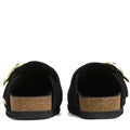 Rear view of Barbour Kyra Womens Closed Toe Clog Sandal in black suede, slip-on shoes with cork soles and gold buckles, shown side by side on a white background., 5063669169339,
5063669169346,
5063669169353,
5063669169360,
5063669169377,, 5063669169339, 5063669169346, 5063669169353, 5063669169360, 5063669169377, 51856