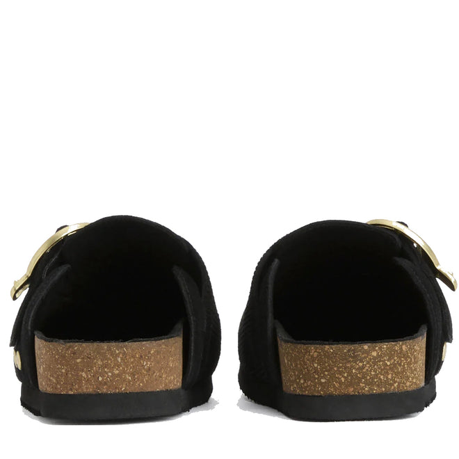 Rear view of Barbour Kyra Womens Closed Toe Clog Sandal in black suede, slip-on shoes with cork soles and gold buckles, shown side by side on a white background., 5063669169339,
5063669169346,
5063669169353,
5063669169360,
5063669169377,, 5063669169339, 5063669169346, 5063669169353, 5063669169360, 5063669169377, 51856