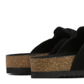 Close-up of the back and side profile of two Barbour Kyra Womens Closed Toe Clog Sandals in Black Suede, showing textured thick cork soles and suede uppers. The image highlights the heel details of these slip-on shoes., 5063669169339,
5063669169346,
5063669169353,
5063669169360,
5063669169377,, 5063669169339, 5063669169346, 5063669169353, 5063669169360, 5063669169377, 51856