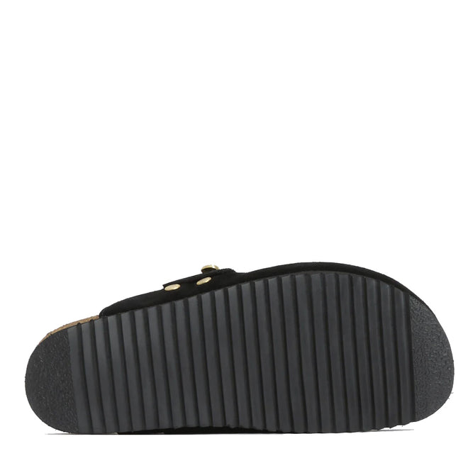 The image shows the black ribbed sole, thick platform, and gold rivets of the Barbour Kyra Womens Closed Toe Clog Sandal in Black Suede—stylish slip-on shoes for women.,5063669169339,
5063669169346,
5063669169353,
5063669169360,
5063669169377,, 5063669169339, 5063669169346, 5063669169353, 5063669169360, 5063669169377, 51856