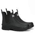 The Barbour Nimbus Black Chelsea Wellingtons Men’s Rainboot features a waterproof ankle boot design with elastic side panels, pull tabs, and thick ridged soles, displayed against a white background.
