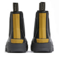 The Barbour Nimbus Black/Ochre Chelsea Wellingtons Men's Rainboot, shown from behind with yellow accents and pull tabs, features chunky soles and visible Barbour branding for stylish, practical waterproof protection., 51444, 5063669168752, 5063669168691, 5063669168707