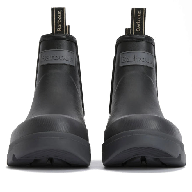 Front view of Barbour Nimbus Black/Ochre Chelsea Wellingtons Men's Rainboot, featuring pull tabs, thick soles, and embossed Barbour logo on each waterproof boot., 51444, 5063669168752, 5063669168691, 5063669168707