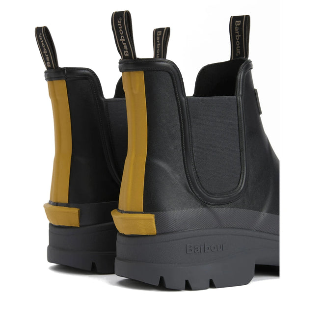 The Barbour Nimbus Black/Ochre Chelsea Wellingtons Mens Rainboot features thick soles, yellow heel and pull tab accents, and Barbour branding. These waterproof boots are perfect for any occasion., 51444, 5063669168752, 5063669168691, 5063669168707