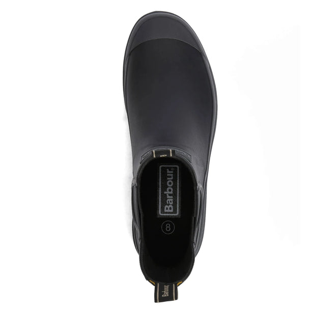 Top view of a single Barbour Nimbus Black/Ochre Chelsea Wellingtons Mens Rainboot with heel pull tab and Barbour logo on the insole and pull tab, set against a white background., 51444, 5063669168752, 5063669168691, 5063669168707