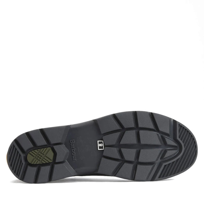 The image shows the black rubber sole of a Barbour Nimbus Black/Ochre Chelsea Wellingtons Men's Rainboot, featuring deep grooves, patterned grip, and the Barbour logo near the middle. A small "8" sticker marks the shoe size., 51444, 5063669168752, 5063669168691, 5063669168707