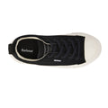 Top view of the Barbour Mens Stanhope Canvas Lace Up Trainer Black—canvas sneakers with black laces, a white rubber toe cap and midsole, black pull tab, and Barbour branding on the insole and side., 5063669167076, 5063669167014, 5063669167021
