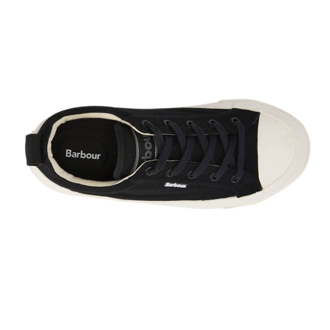 Top view of the Barbour Mens Stanhope Canvas Lace Up Trainer Black—canvas sneakers with black laces, a white rubber toe cap and midsole, black pull tab, and Barbour branding on the insole and side., 5063669167076, 5063669167014, 5063669167021