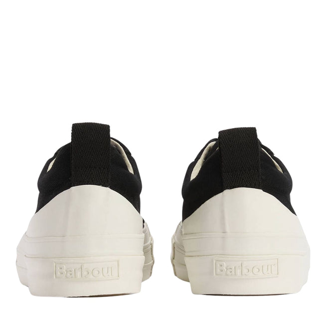 The Barbour Mens Stanhope Canvas Lace Up Trainer in Black features classic white rubber soles and the Barbour name embossed on the heel—a timeless black and white men's sneaker design., 5063669167076, 5063669167014, 5063669167021