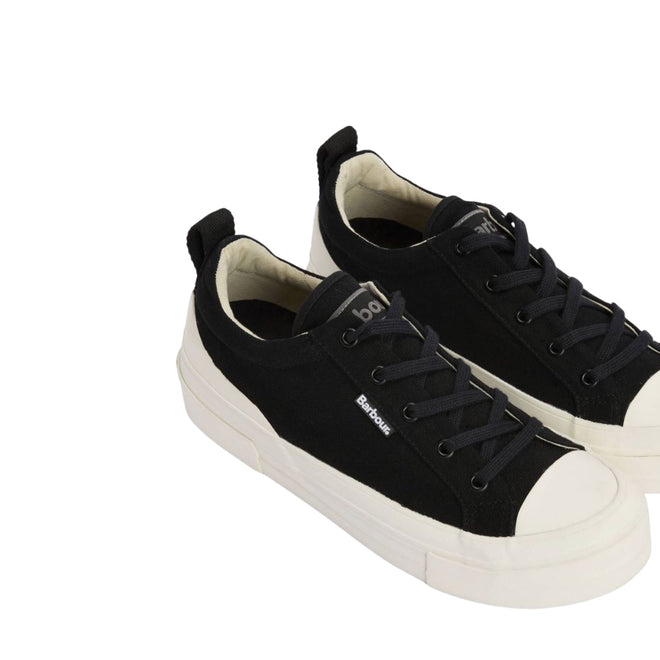 The Barbour Mens Stanhope Canvas Lace Up Trainer in black features white rubber soles, toe caps, black laces, and a small white Barbour logo on the side—perfect for classic everyday style., 5063669167076, 5063669167014, 5063669167021