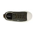 Top view of the Barbour Mens Stanhope Canvas Lace Up Trainer Olive: men's olive canvas sneakers with dark green laces, white rubber toe cap and sole, plus Barbour branding on the side and insole., 5063669167113, 5063669167120, 5063669167137, 5063669167144, 51982, 51981
