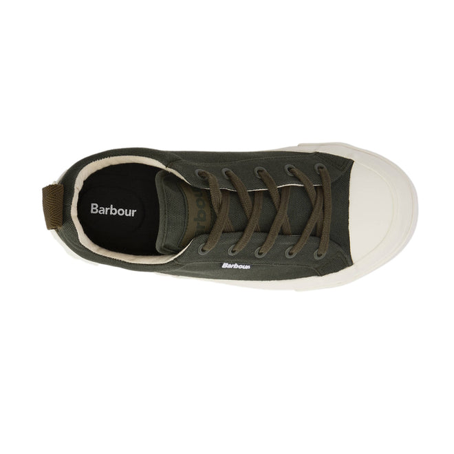Top view of the Barbour Mens Stanhope Canvas Lace Up Trainer Olive: men's olive canvas sneakers with dark green laces, white rubber toe cap and sole, plus Barbour branding on the side and insole., 5063669167113, 5063669167120, 5063669167137, 5063669167144, 51982, 51981