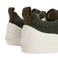 Close-up of the back of two Barbour Mens Stanhope Canvas Lace Up Trainers in olive, featuring chunky white soles, brown heel loops, and Barbour branding embossed on the heel of each men's sneaker., 5063669167113, 5063669167120, 5063669167137, 5063669167144, 51982, 51981