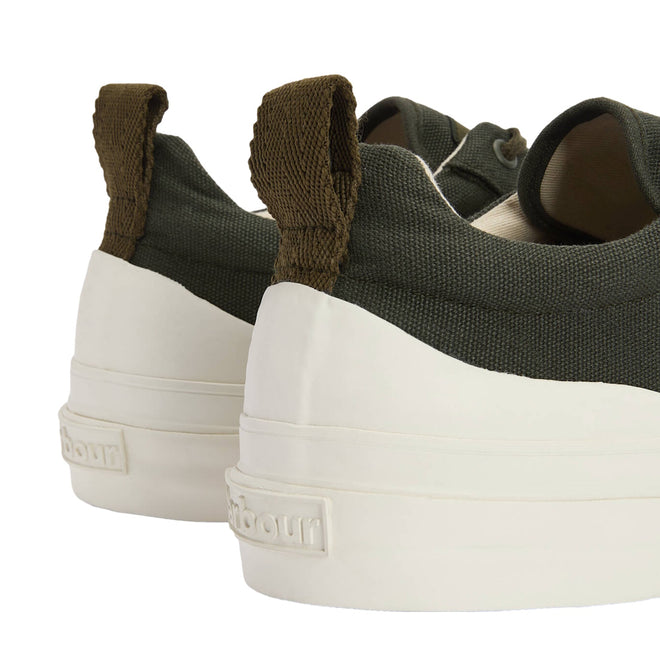 Close-up of the back of two Barbour Mens Stanhope Canvas Lace Up Trainers in olive, featuring chunky white soles, brown heel loops, and Barbour branding embossed on the heel of each men's sneaker., 5063669167113, 5063669167120, 5063669167137, 5063669167144, 51982, 51981