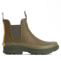 Side view of Barbour Nimbus Olive/Ochre Chelsea Wellingtons Mens Rainboot with elastic side panels, yellow pull tab, thick treaded sole, and rounded toe. These waterproof ankle boots are shown on a white background., 5063669168813, 5063669168820, 5063669168769, 5063669168776
