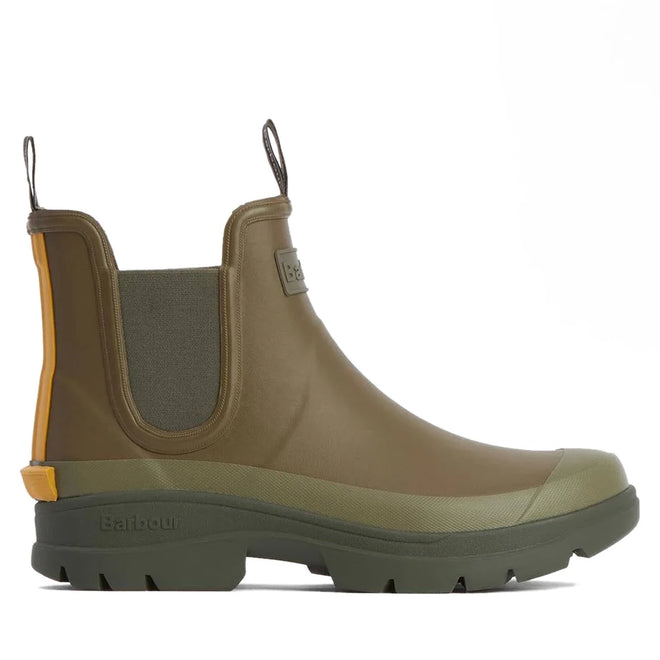 Side view of Barbour Nimbus Olive/Ochre Chelsea Wellingtons Mens Rainboot with elastic side panels, yellow pull tab, thick treaded sole, and rounded toe. These waterproof ankle boots are shown on a white background., 5063669168813, 5063669168820, 5063669168769, 5063669168776