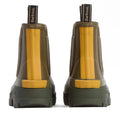The Barbour Nimbus Olive/Ochre Chelsea Wellingtons Men's Rainboot features stylish green and yellow waterproof ankle boots with Barbour-branded pull tabs and thick rubber soles—ideal for wet weather., 5063669168813, 5063669168820, 5063669168769, 5063669168776