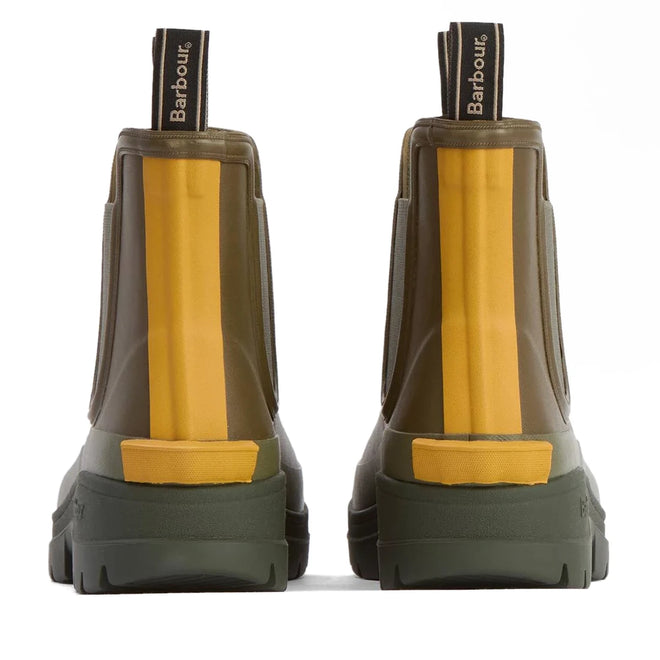 The Barbour Nimbus Olive/Ochre Chelsea Wellingtons Men's Rainboot features stylish green and yellow waterproof ankle boots with Barbour-branded pull tabs and thick rubber soles—ideal for wet weather., 5063669168813, 5063669168820, 5063669168769, 5063669168776