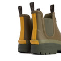Close-up of the Barbour Nimbus Olive/Ochre Chelsea Wellingtons Men’s Rainboot, showing yellow pull tabs, elastic side panels, chunky soles, and Barbour branding—waterproof ankle boots blending classic Chelsea style with modern rain protection., 5063669168813, 5063669168820, 5063669168769, 5063669168776