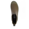 Top view of a single Barbour Nimbus Olive/Ochre Chelsea Wellingtons Men's Rainboot, featuring a pull tab at the heel and black insole branding, photographed on a white background—ideal waterproof ankle boots for any weather., 5063669168813, 5063669168820, 5063669168769, 5063669168776